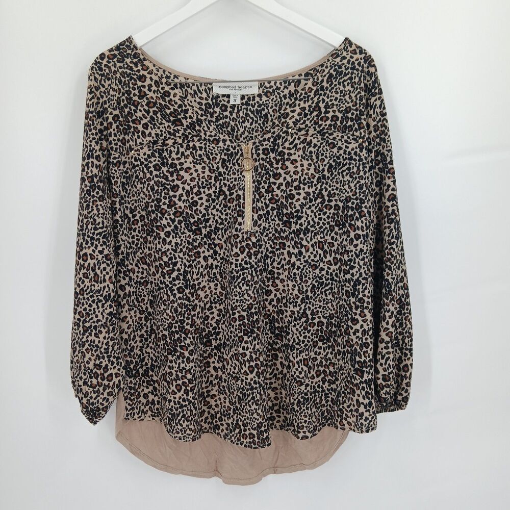 Tempted Hearts Womens plus size 2X Leopard Print Beige blouse Long Sleeve Top